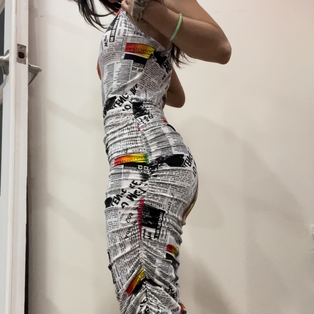 White Newspaper With Rainbow Accents Spaghetti Strapped Midi Length Dress